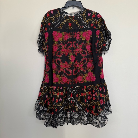 Free People 100% Cotton Black and Pink Short Sleeve V Neck Agnes Mini Dress - Picture 13 of 13